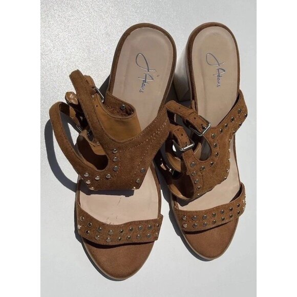 J Adams Brown Print Women’s Sz 11 Gold Studded Double Belt Strap Heel Shoes - Picture 5 of 16